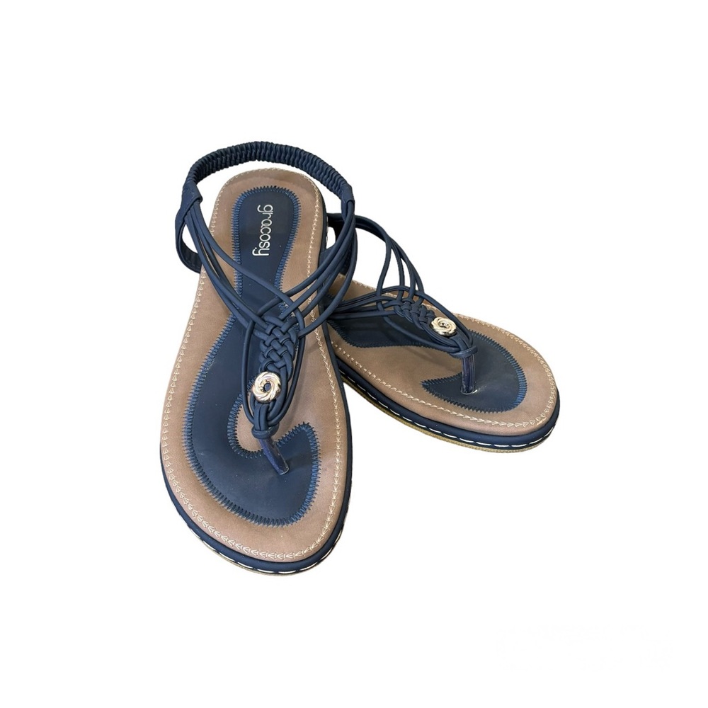 Gracosy Navy Blue  and Tan Stretchy Strap Sandals, gold tone detail. Women’s 42